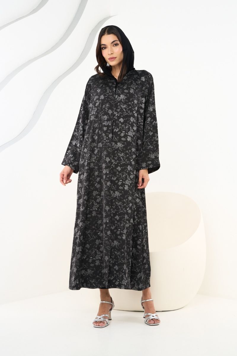 Black and Silver Jacquard Printed Abaya with Sheila