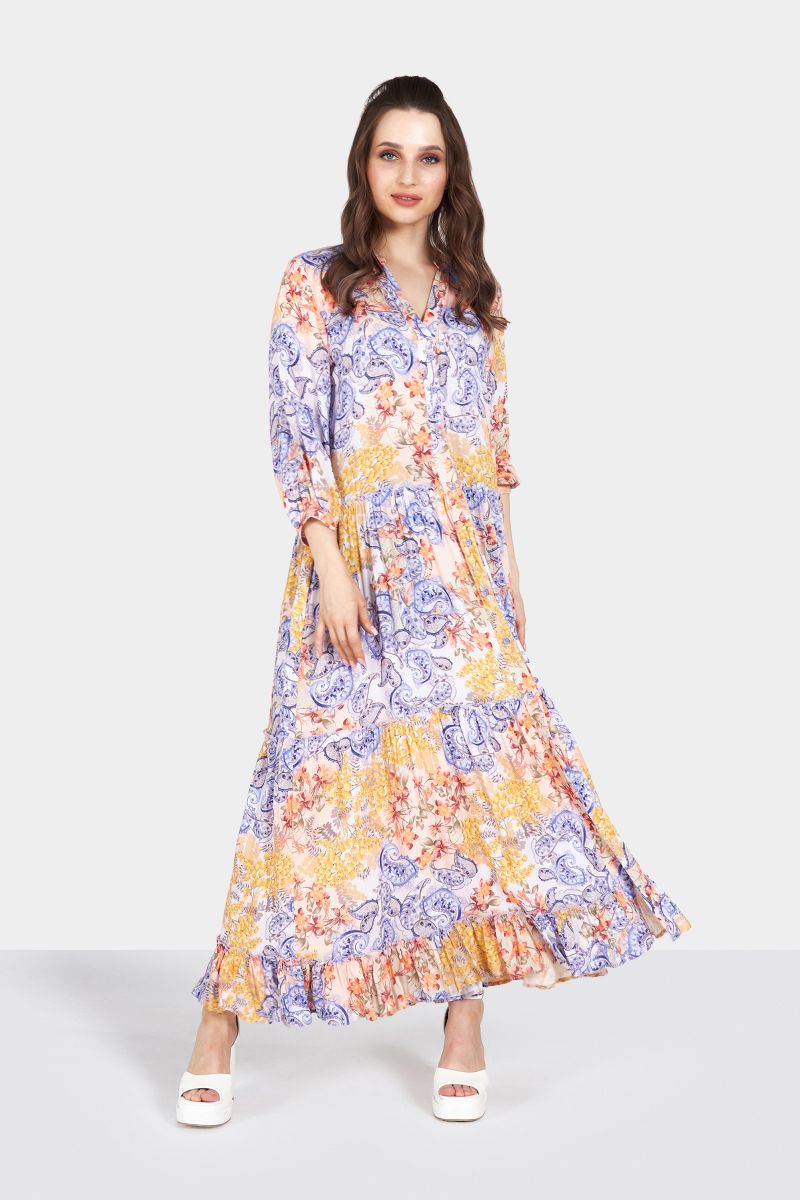 Yellow and Purple Printed Long Sleeve Tiered Maxi Dress