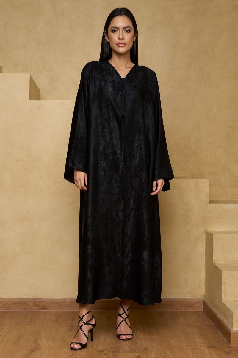 Black Suede Finish Shimmer Festive Open Abaya with Sheila