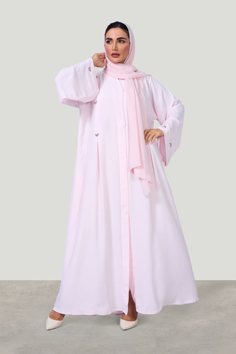 Soft Pink Abaya with Butterfly Ornamentation