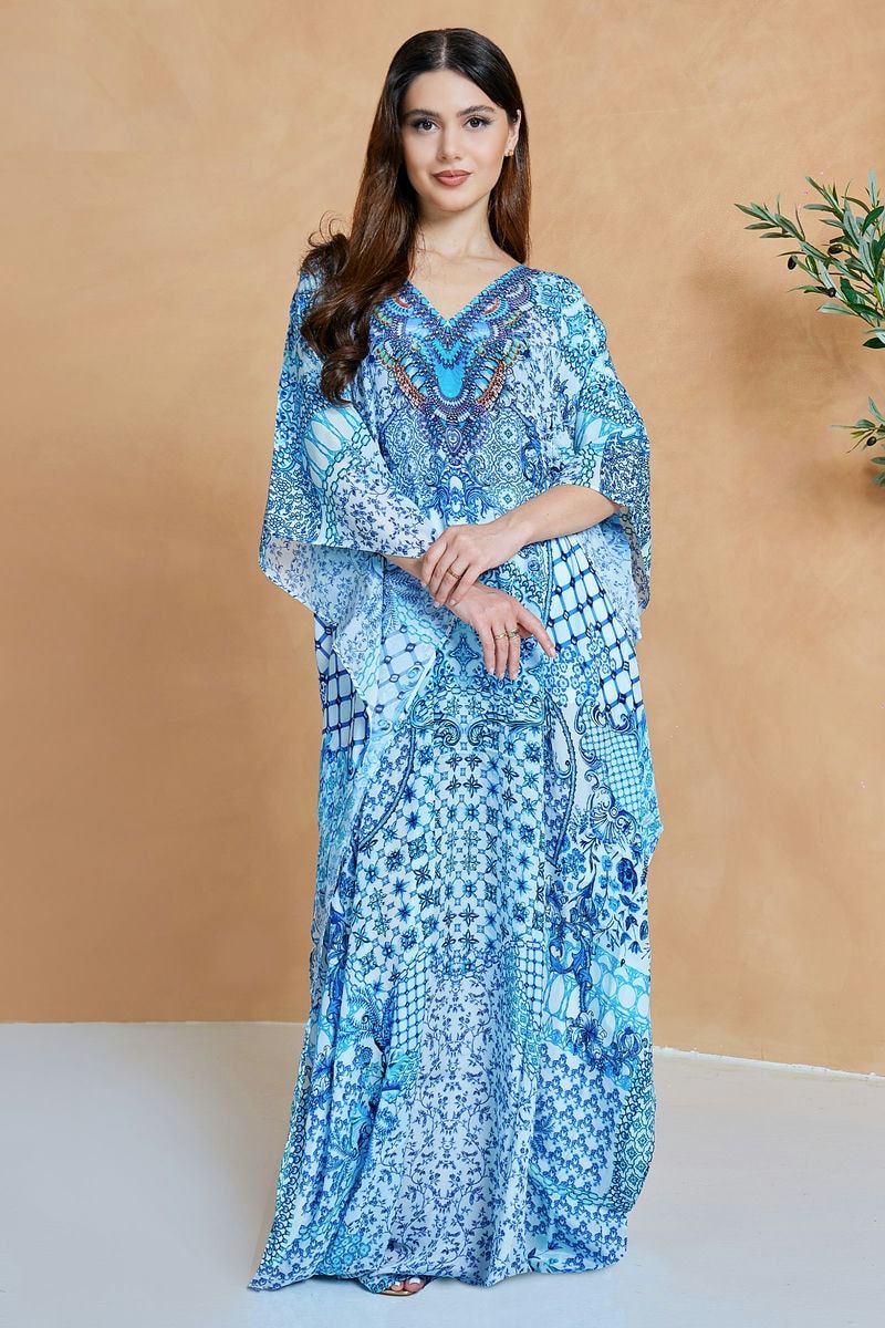 Blue and White All Over Printed Maxi Kaftan Dress with Neck Detailing 36-38
