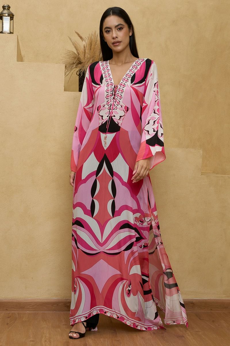 Pink and Black Abstract Printed Maxi Kaftan Dress