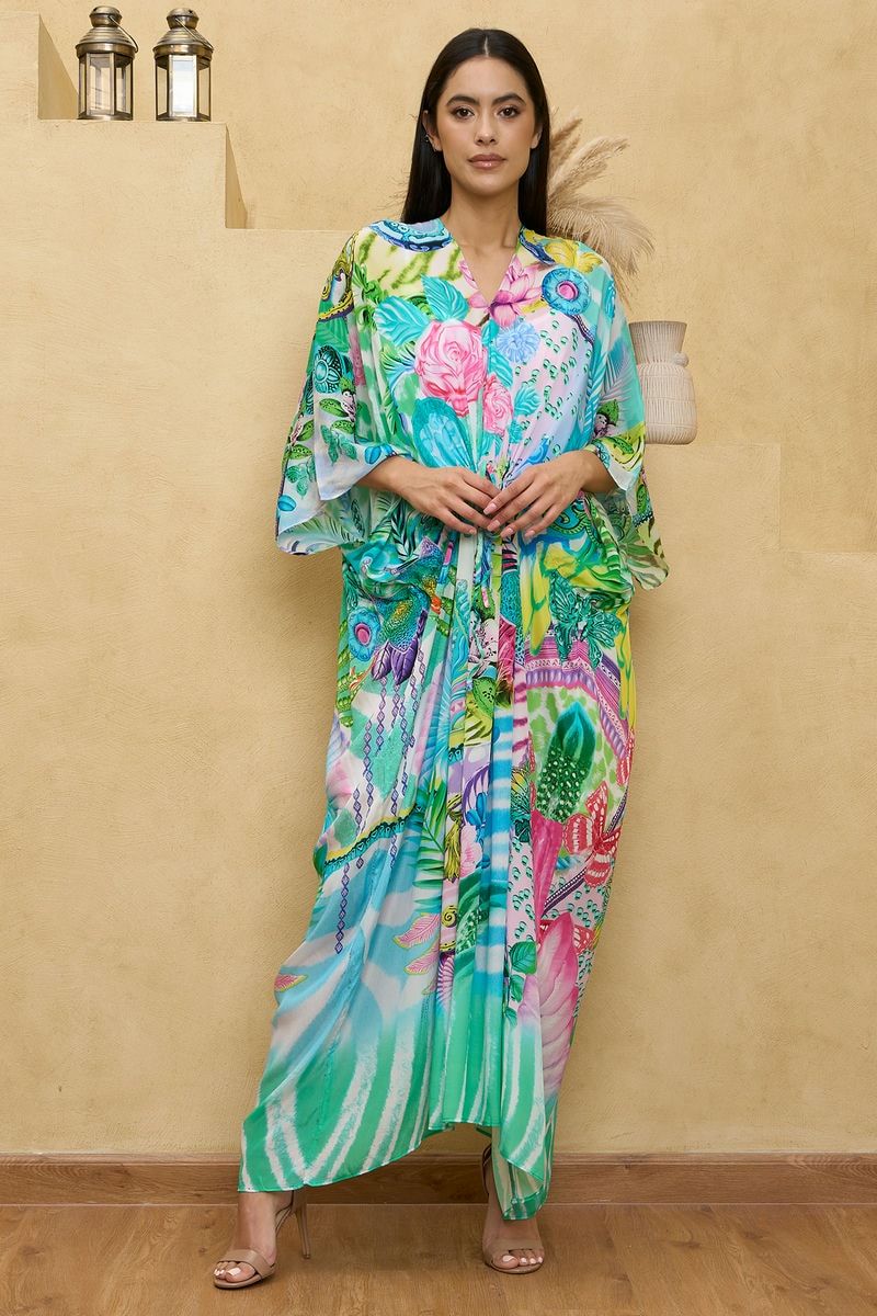 Green and Blue Printed Maxi Kaftan with Front Rouching ONE SIZE