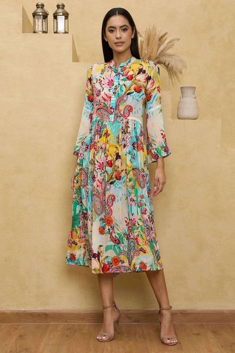 Multiocolored Paisley Printed Midi Dress with Gathers
