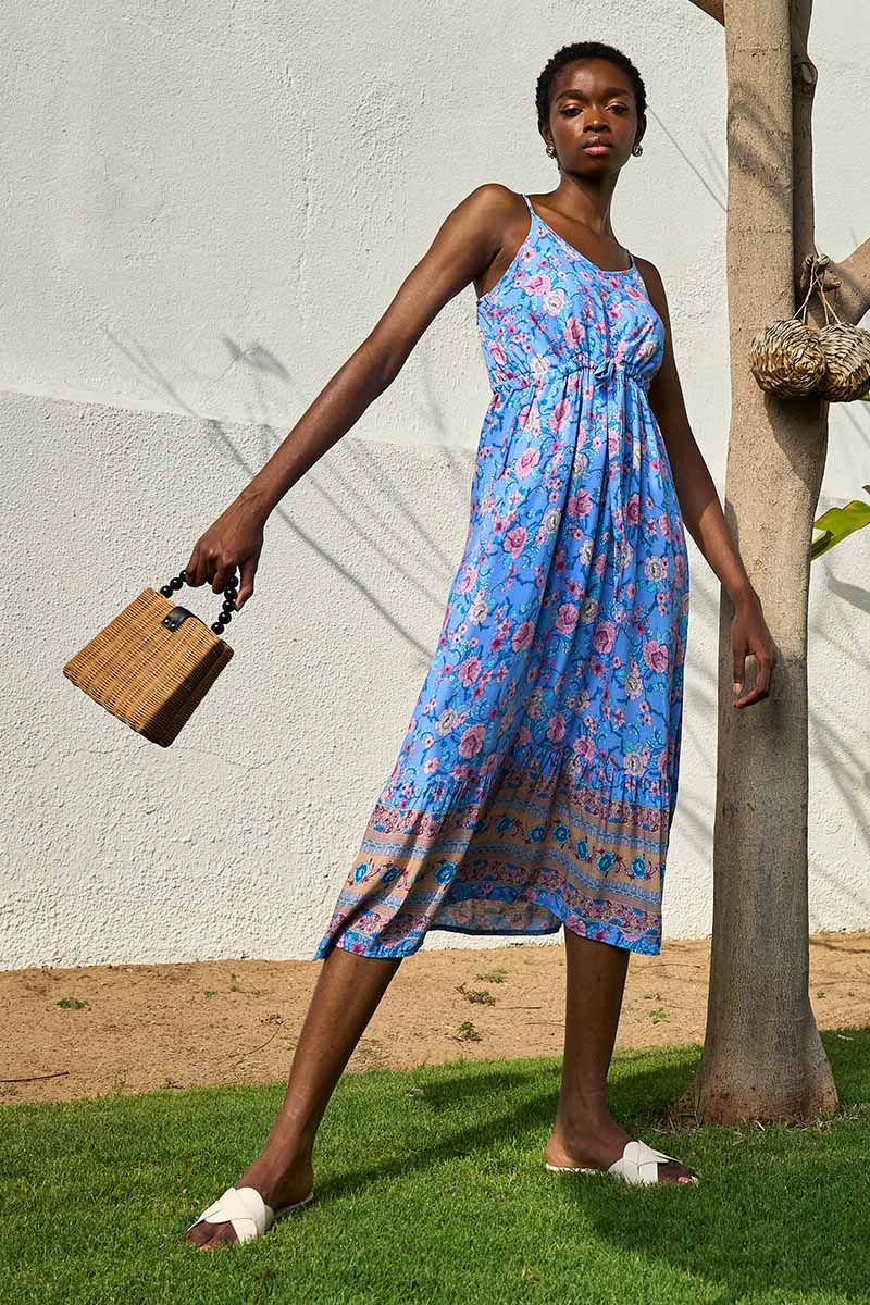 Blue Printed Strap Tie Up Midi Dress