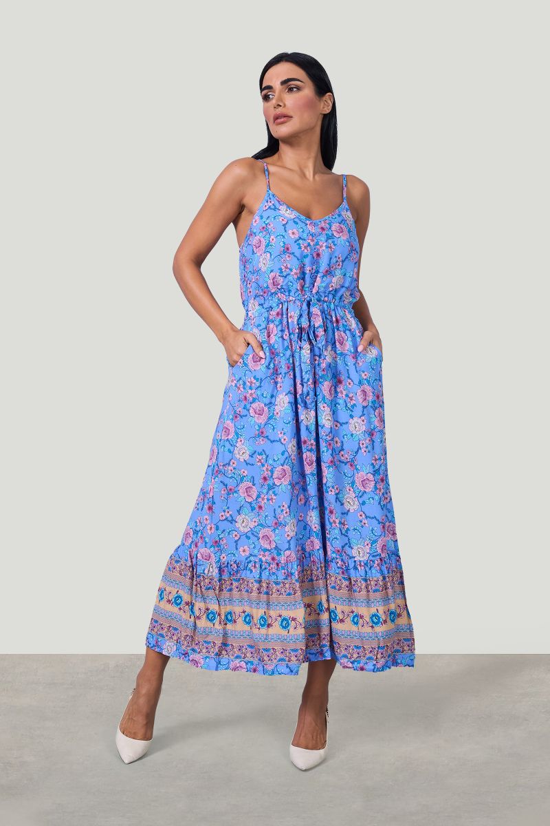 Blue Printed Strap Front Tie Up Midi Dress