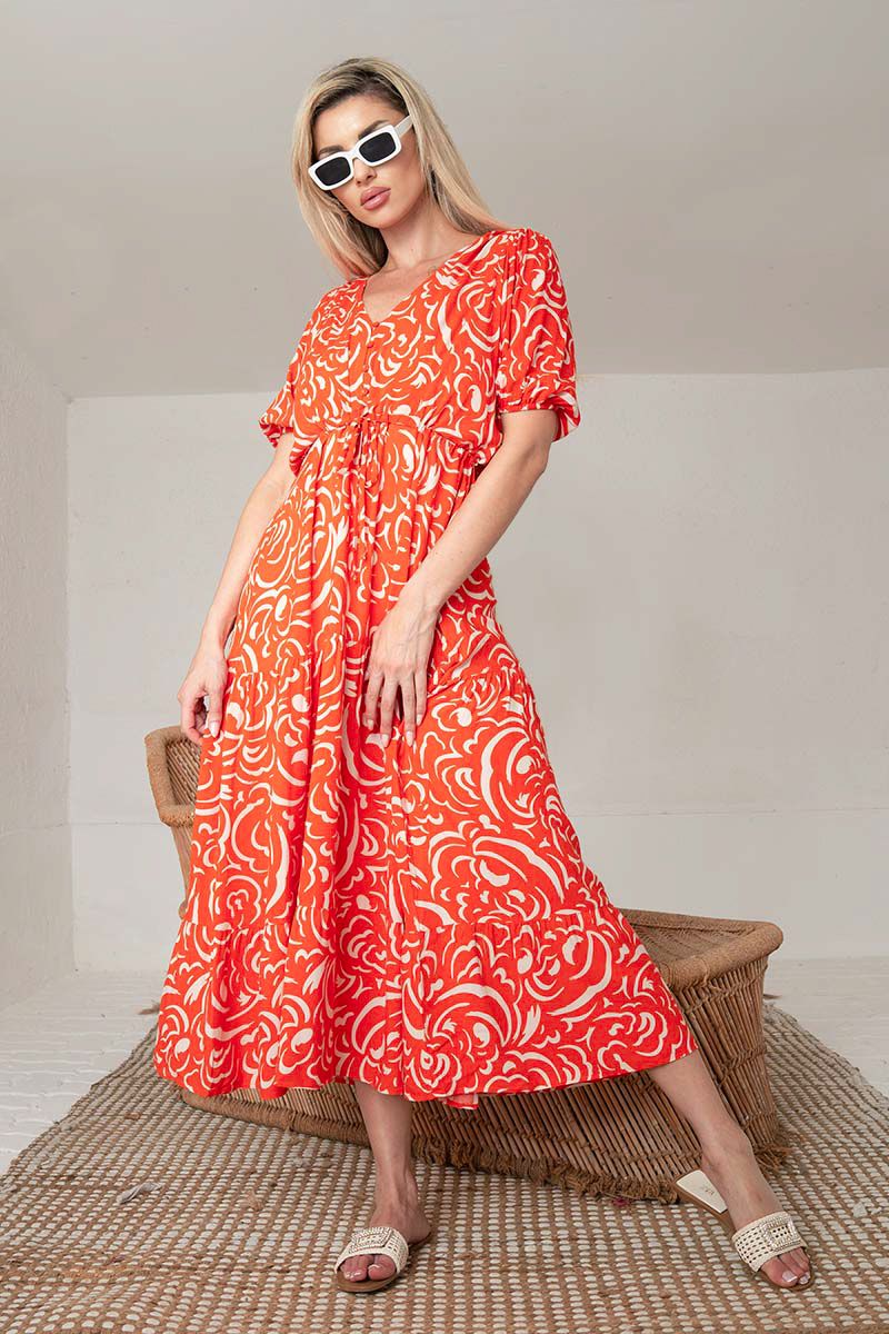 Orange White Abstract Printed Midi Dress