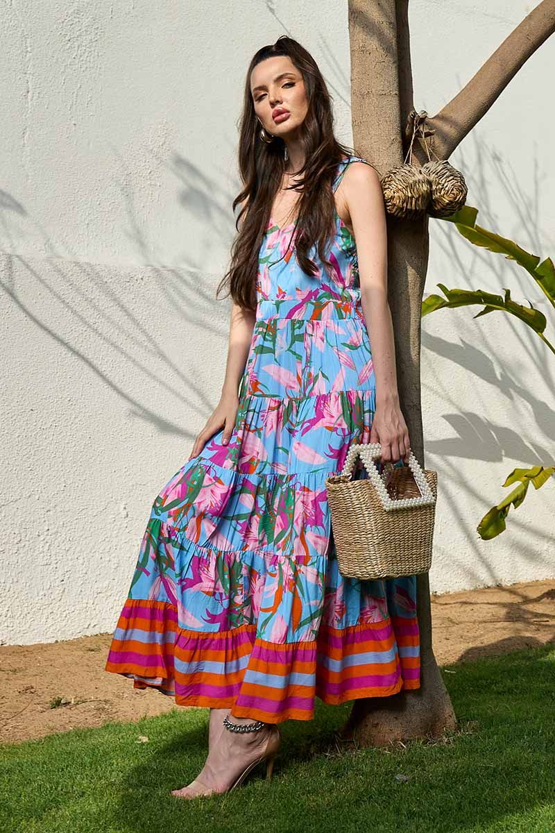 Botanical Printed Sleeveless Tiered Maxi Dress