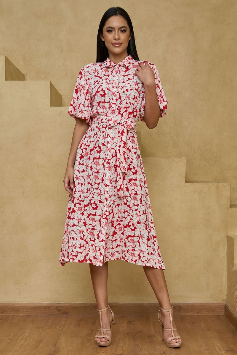 Red and White Floral Printed Puff Sleeve Midi Shirt Dress with Belt