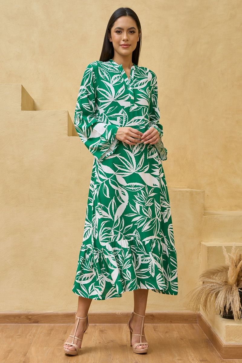 Green and White Botanical Printed Midi Dress