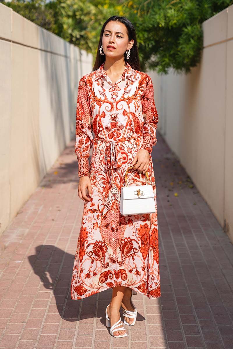 Red White Paisley Printed Maxi Dress