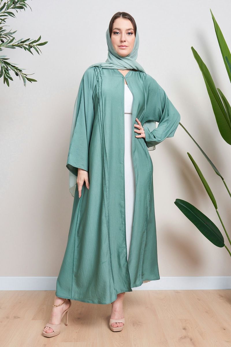 Green Front Pintuck Abaya with Sheila