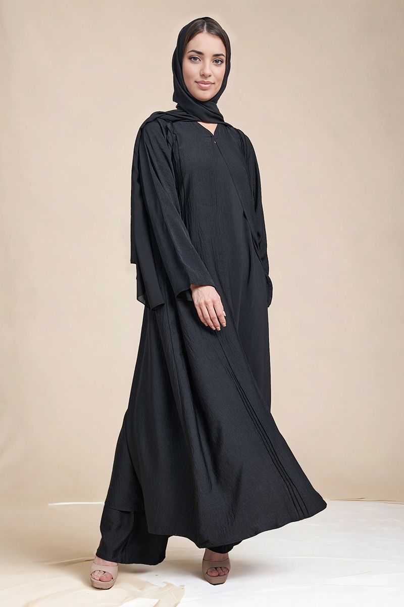 Black Front Pintuck Abaya with Sheila