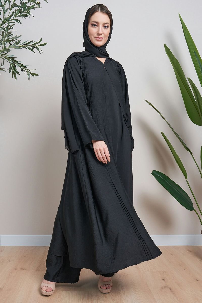 Black Front Pintuck Abaya with Sheila