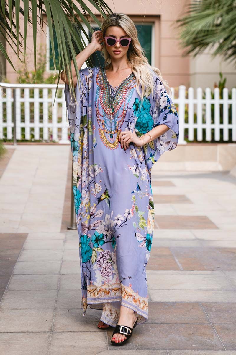 Mauve Printed V-neck Kaftan Dress