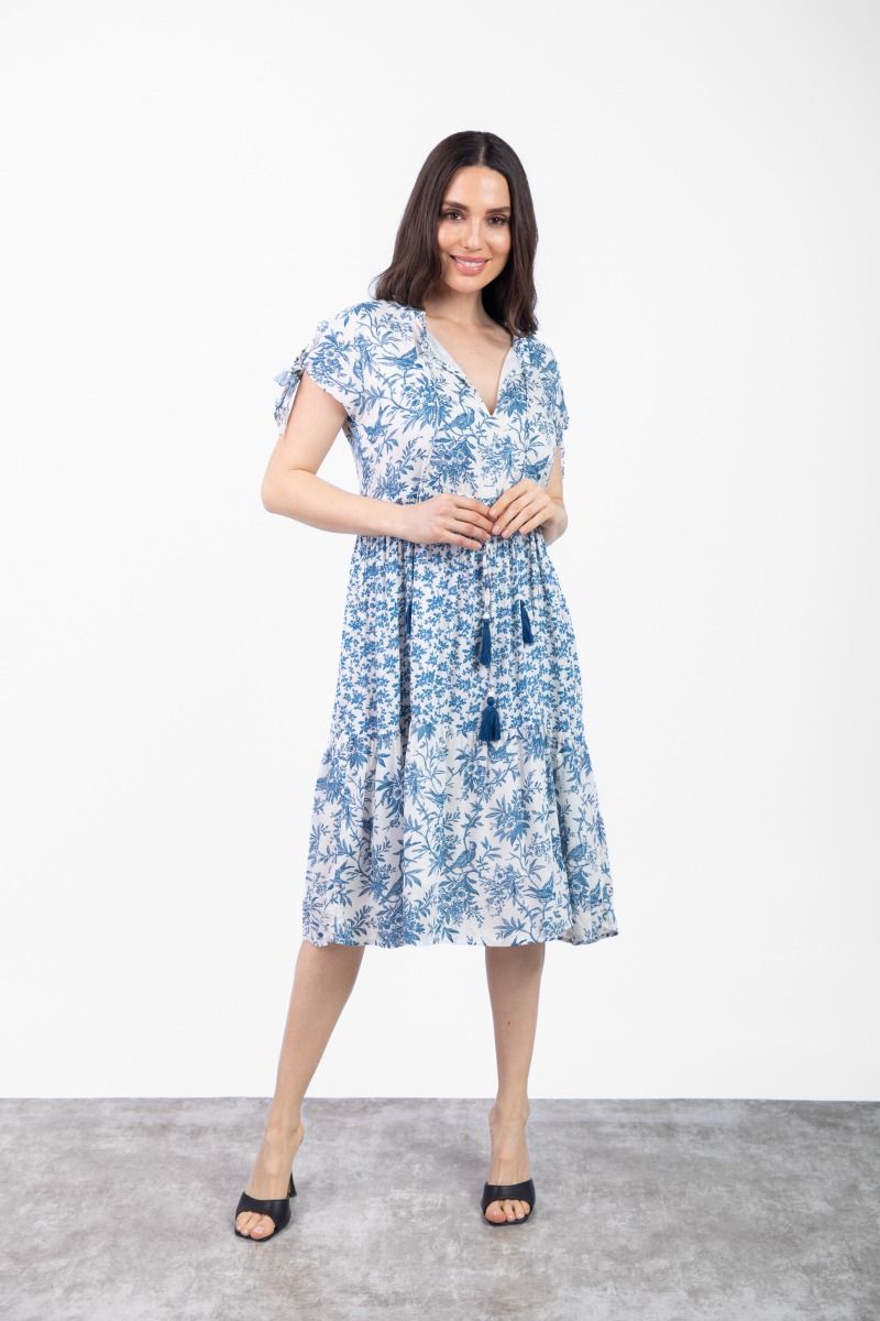 White & Blue Delicate Botanical Print Knee Length Midi Dress