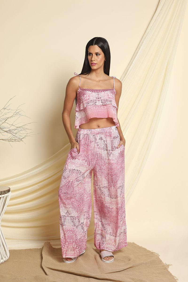 Pink Animal Printed Beach Pants with Crop Top Co-ord Set
