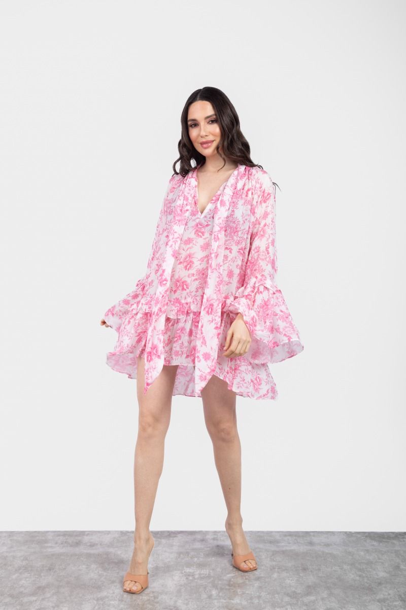 Pink & White Floral Printed Short Dress with Neck Tie Detail