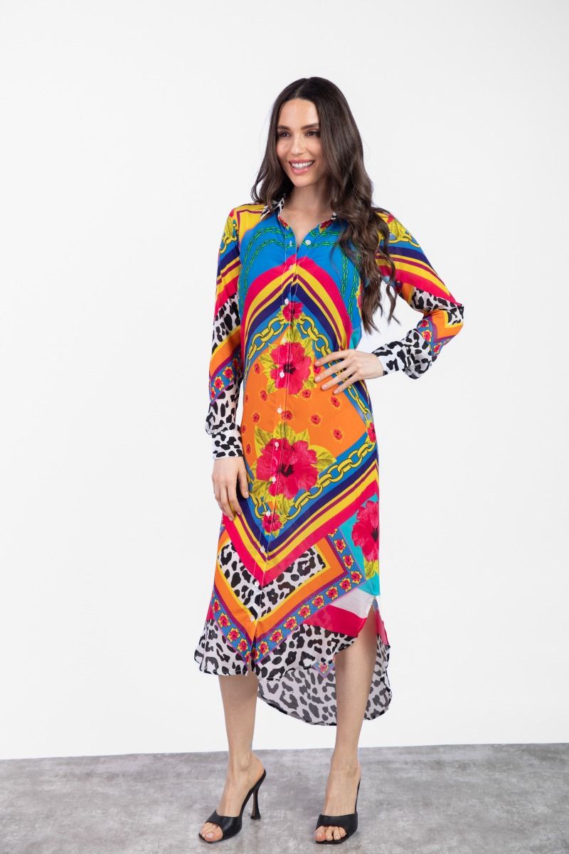 Multicolor Vibrant Printed Long Shirt Dress