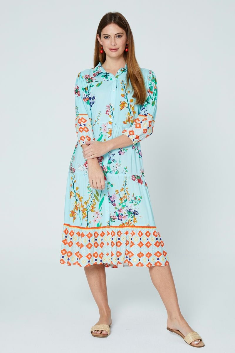 Blue Floral Button Down Midi Dress