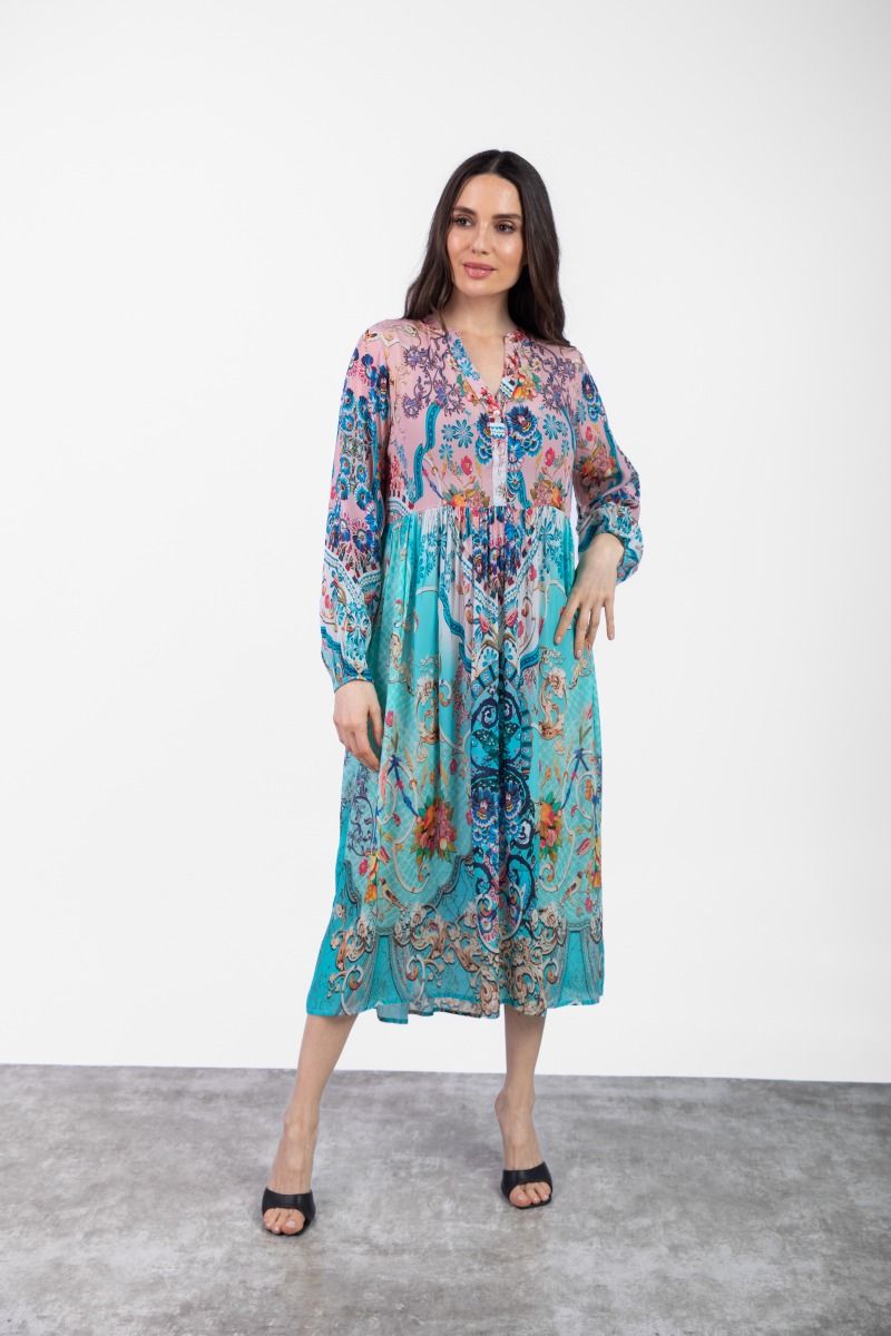 Blue Floral Paisley Printed Fit & Flare Midi Dress