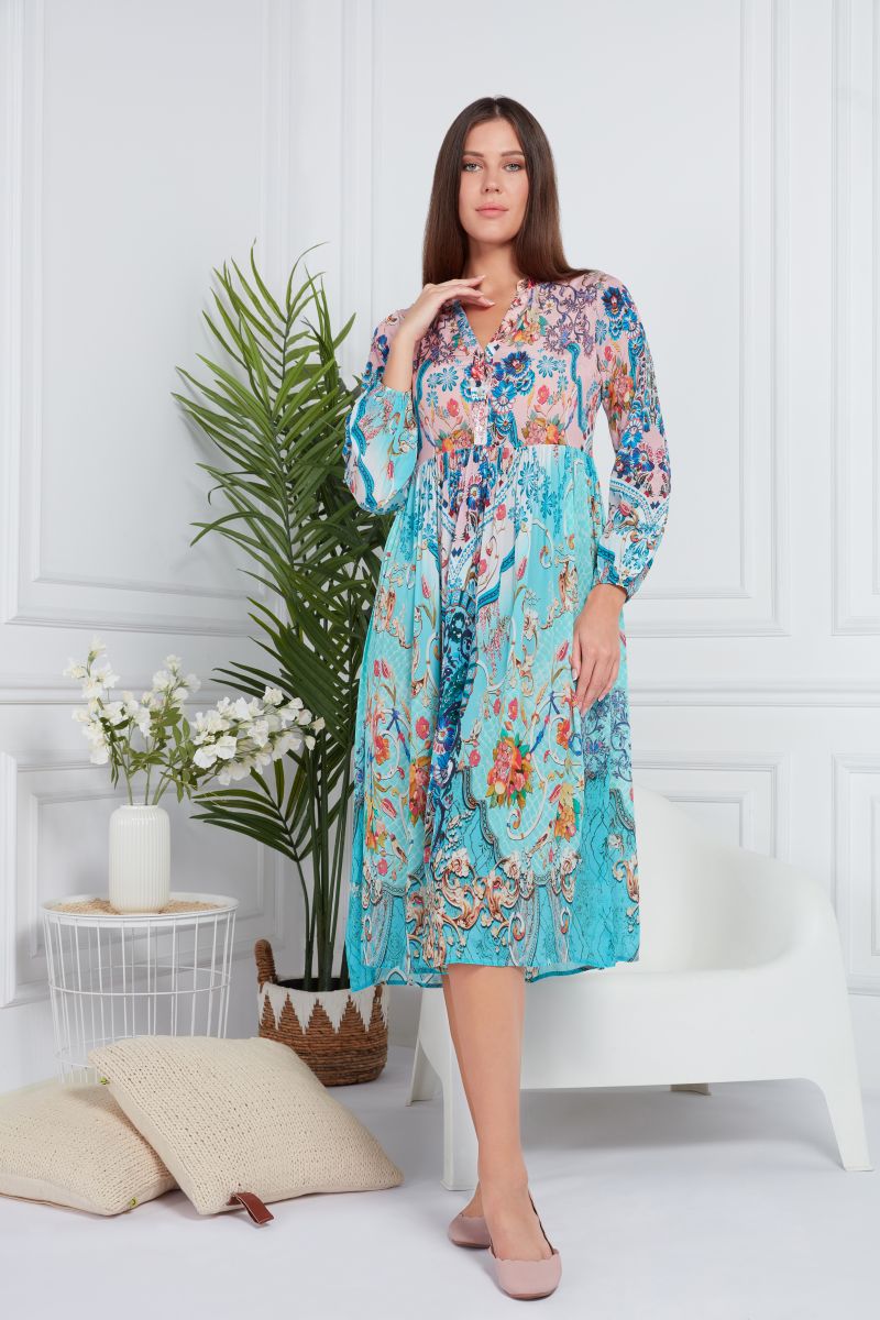 Blue Floral Paisley Printed Midi Dress
