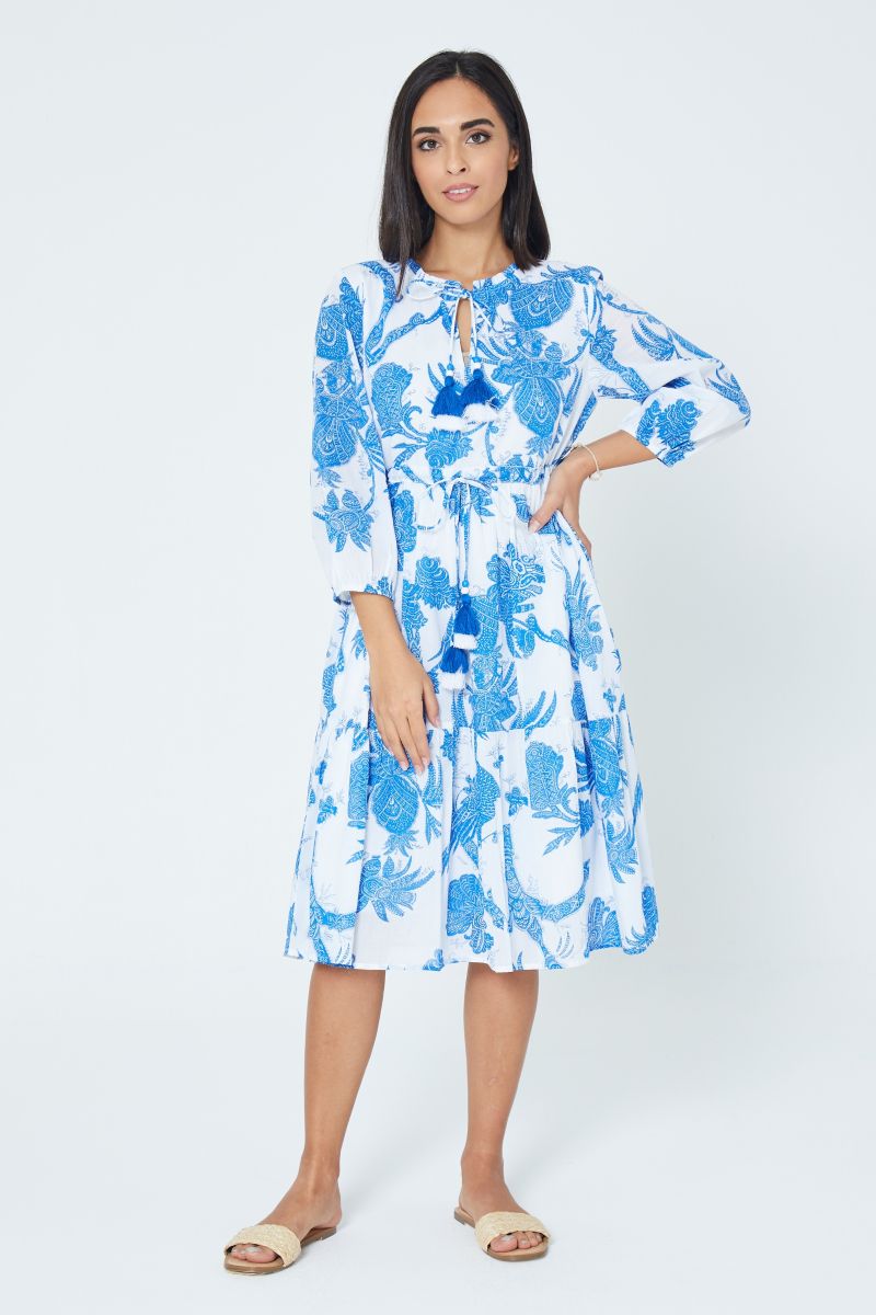 White Blue Printed Midi Dress