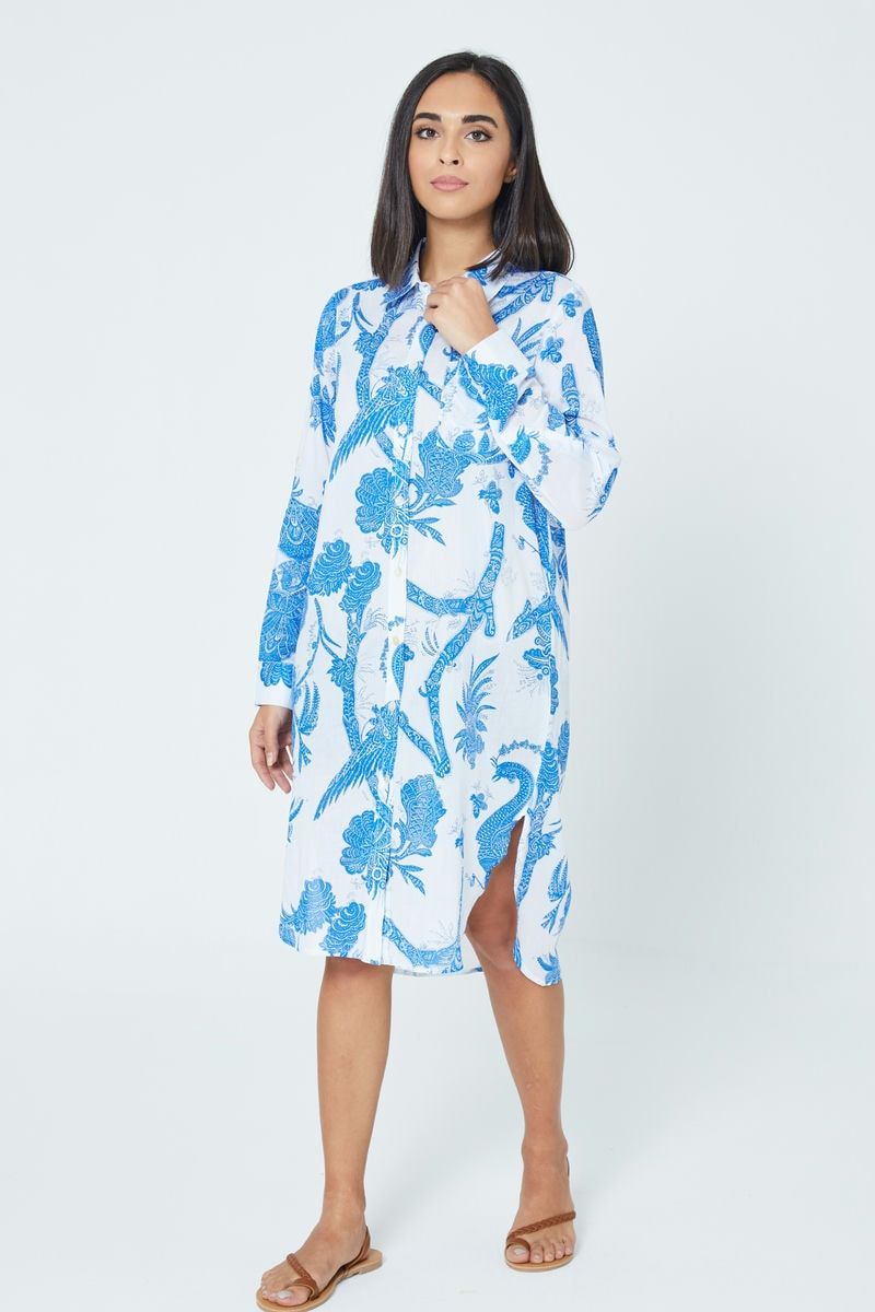 White Blue Floral Printed Tunic Dress