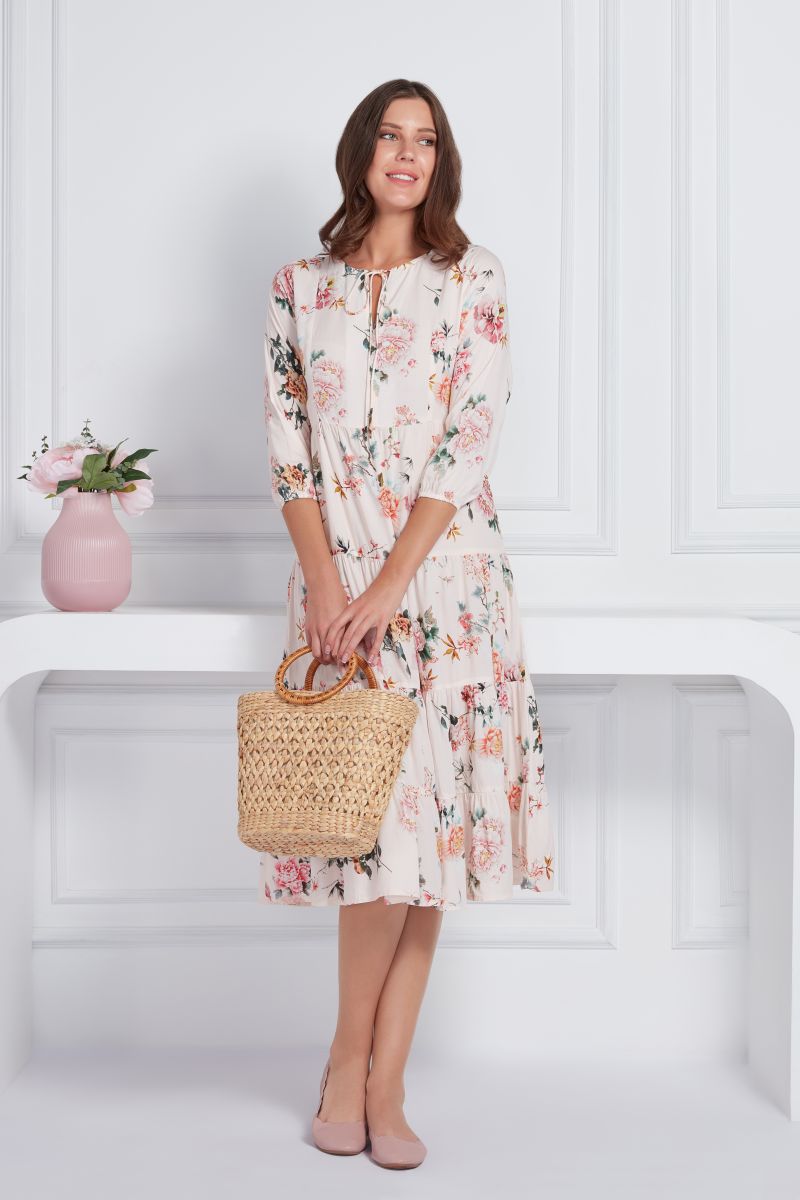 White Floral Printed Fit Flare Midi Dress