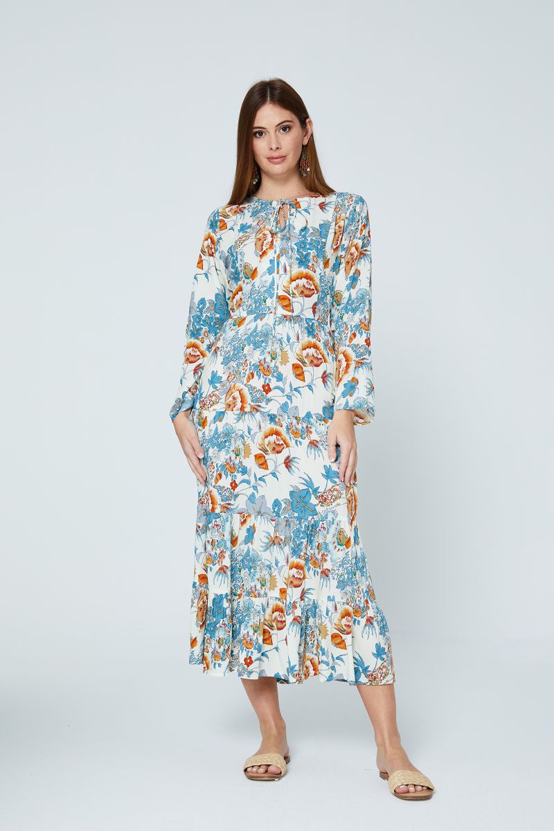  Blue Floral Printed Tie Up Midi Dress