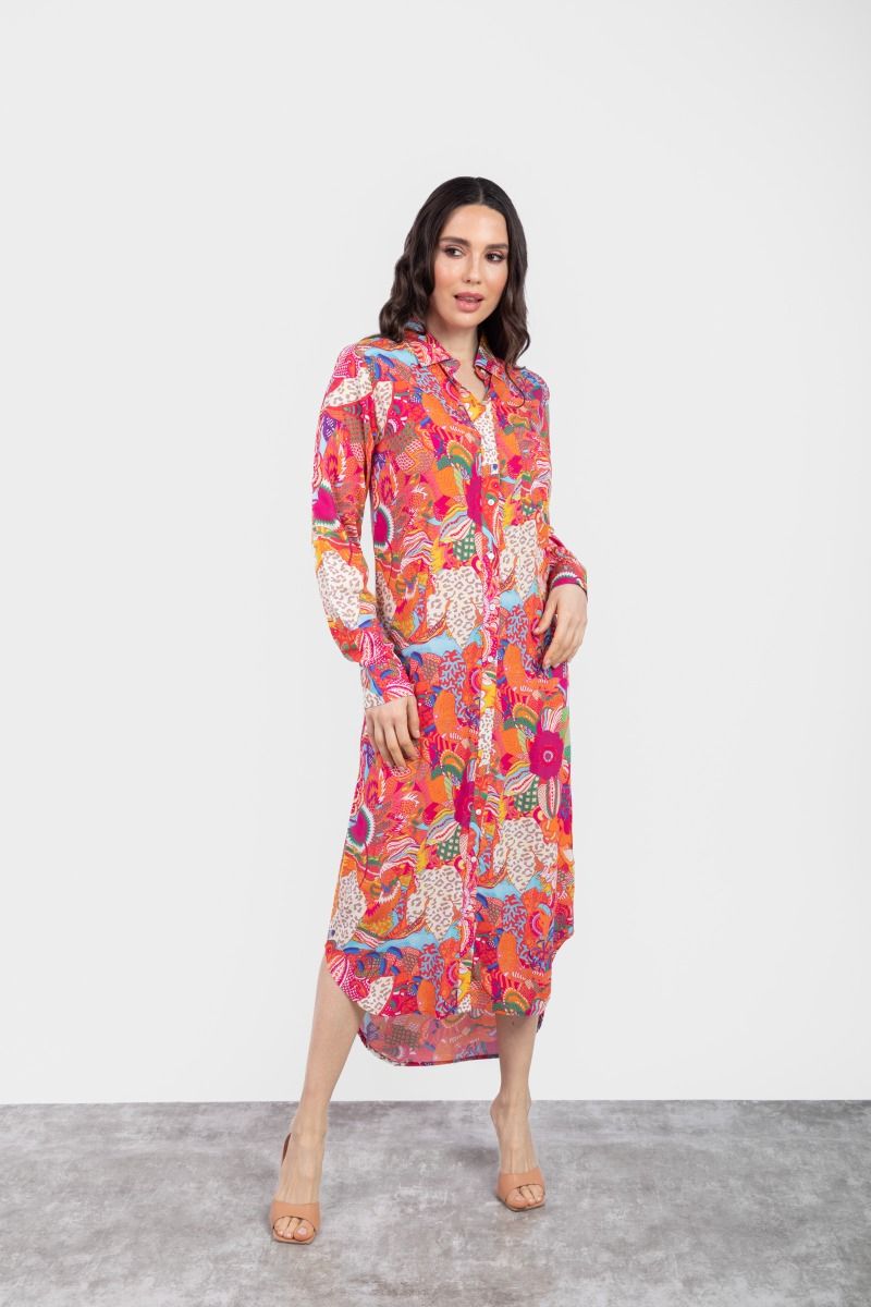 Multicolor High Low Vibrant Printed Shirt Dress