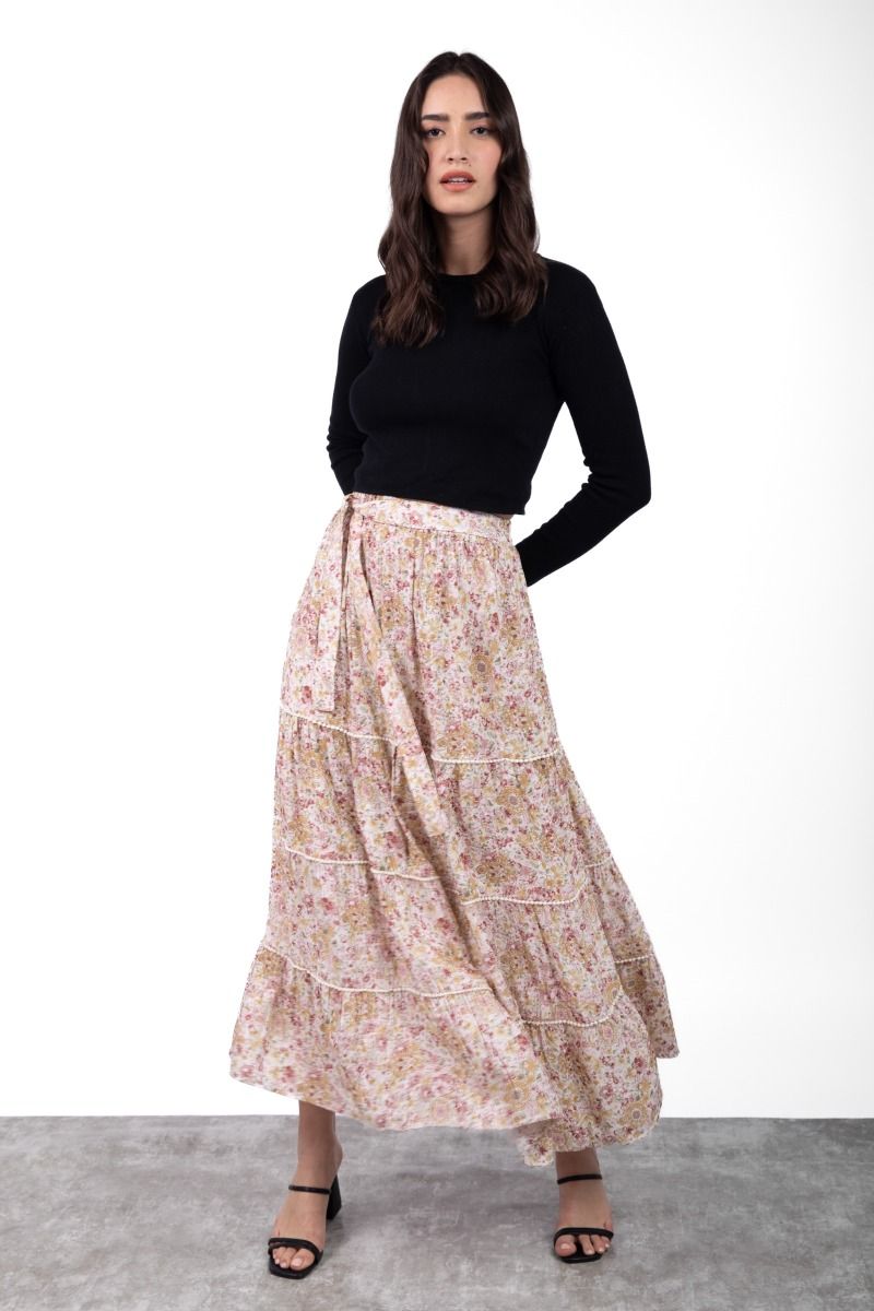 Beige Floral Print Long Skirt