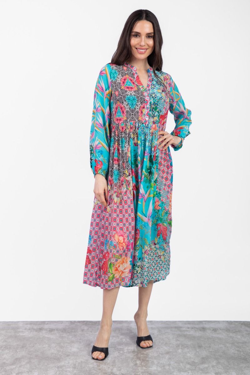 Turquoise Abstract Floral Print A-Line Dress