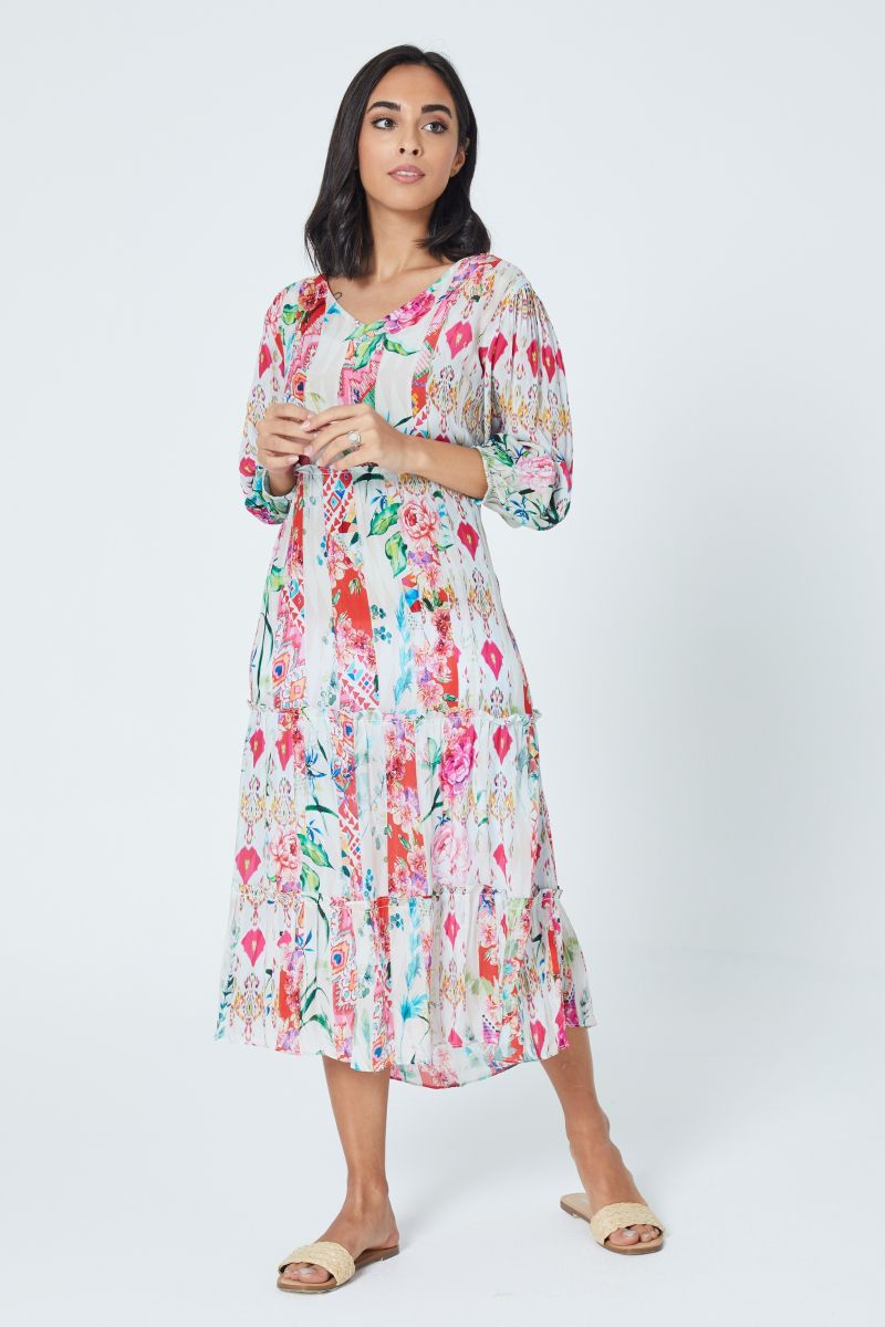 Vibrant Botanical Fit Flare Midi Dress