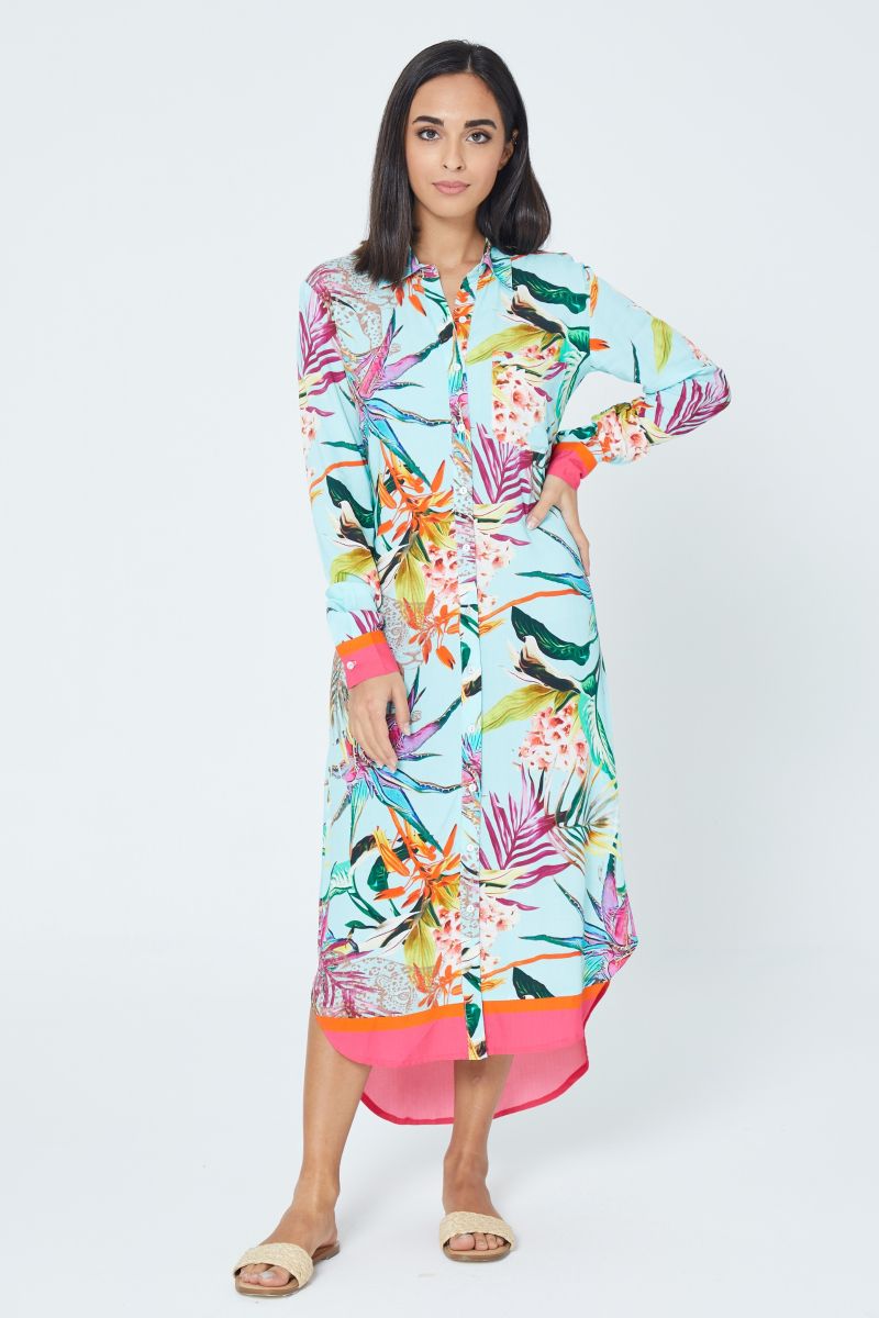 Blue Botanical Printed Shirt Dress