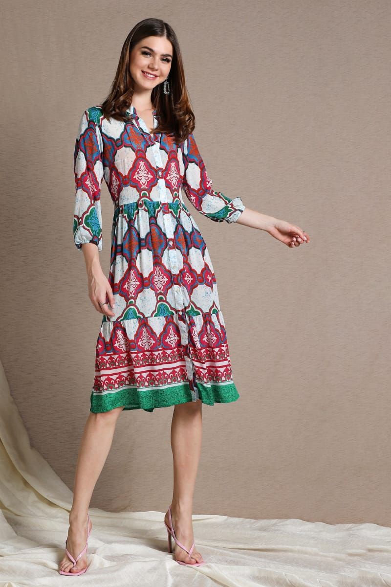 Abstract Printed Gathered Midi Dress