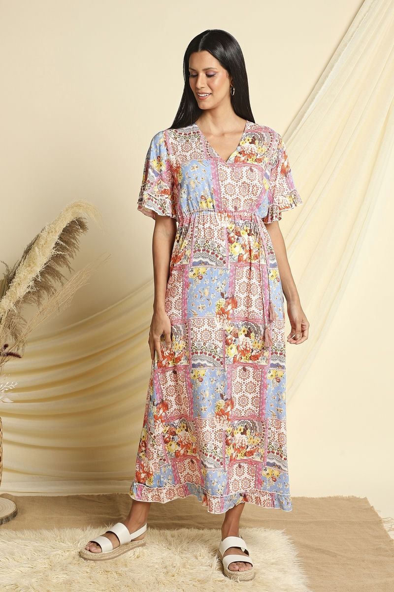 Printed Flare Short Sleeve Maxi Dress