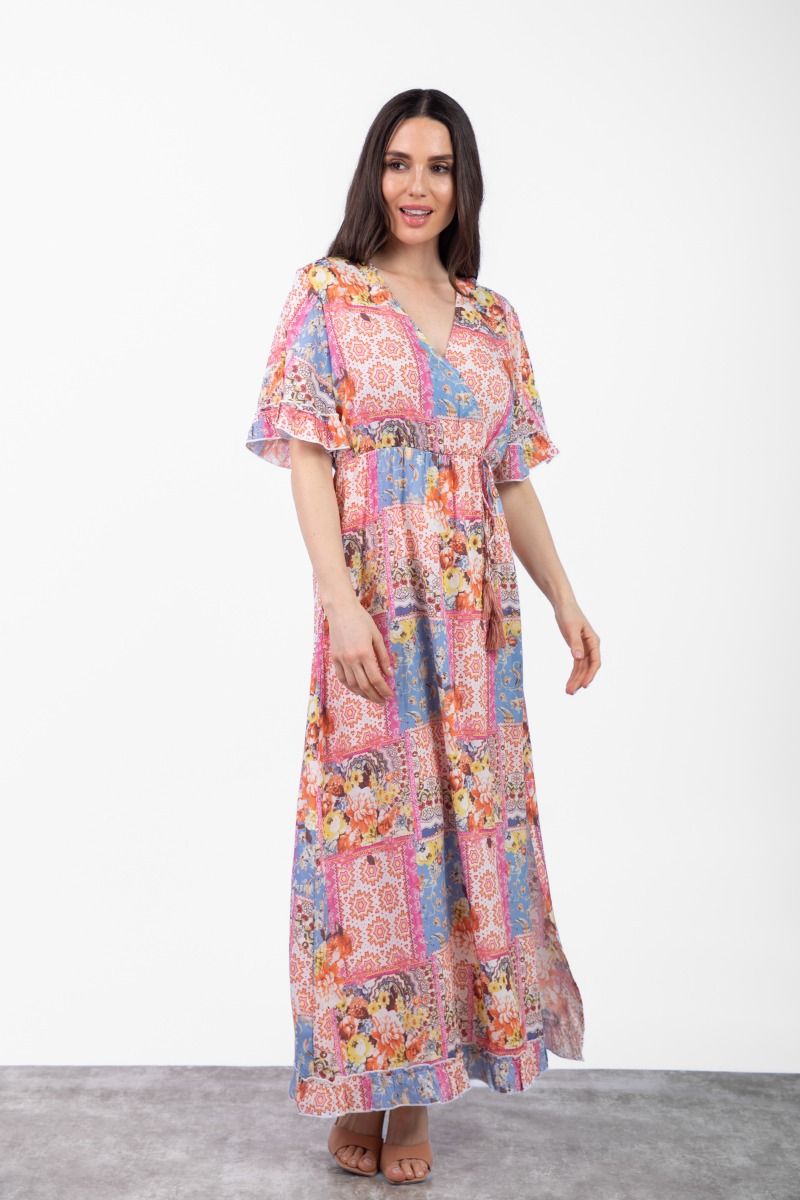 Printed Fit & Flare Short Sleeve Maxi Dress