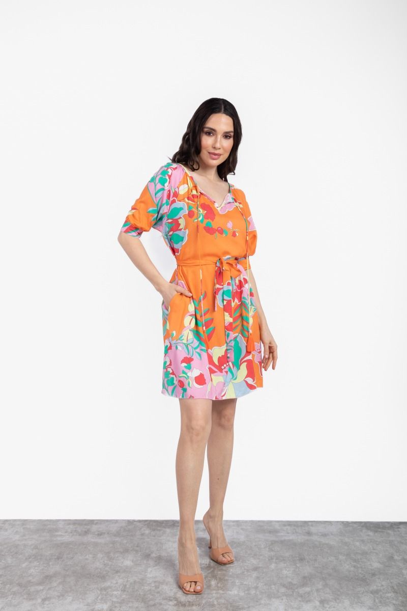 Printed Short Dress with Front Tie Belt
