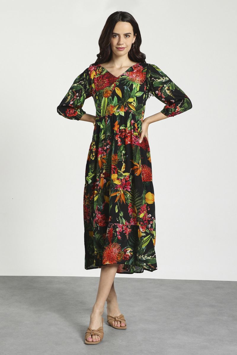 Black A-line floral print dress