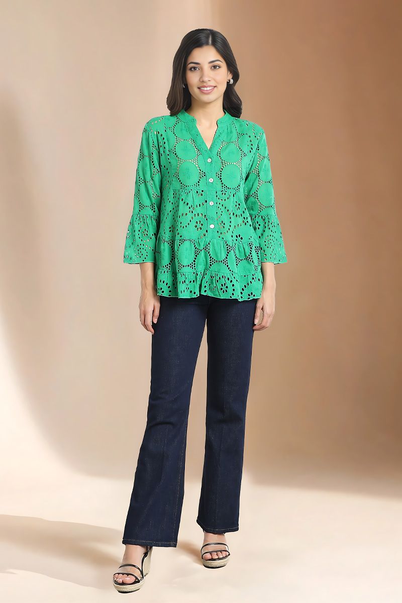 Green Gathers Schiffli Blouse