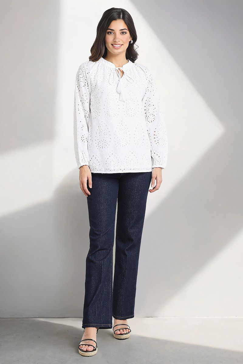 White Schiffli Front Tie Blouse 