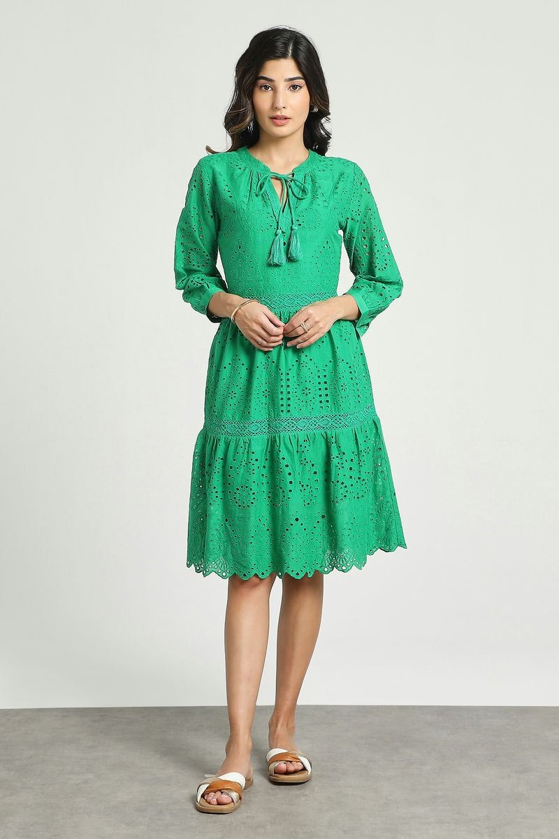 Green Fit Flare Schiffli Dress