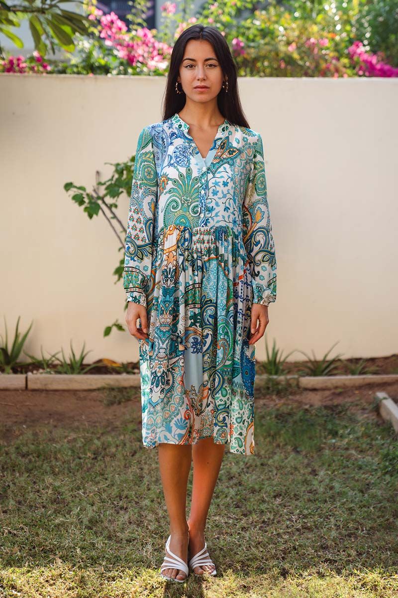 Green Blue Printed Gather Midi Dress