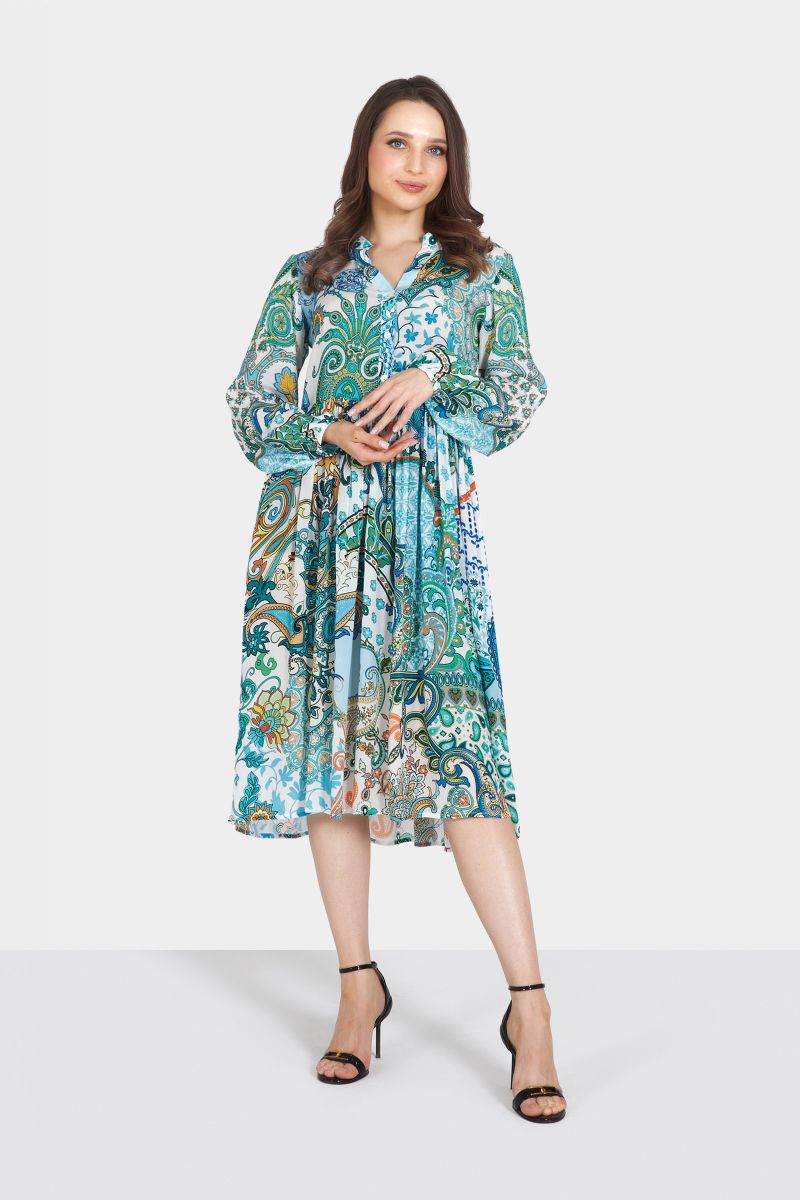 Green and Blue Printed Long Sleeve Midi Dress with Gather Detailing