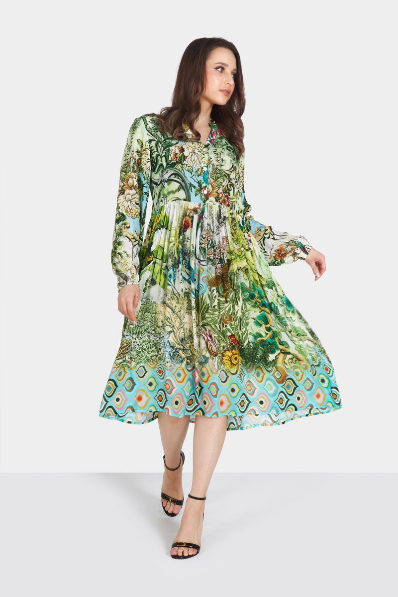 Green Printed Long Sleeve Midi Dress with Gather and Bottom Detailing