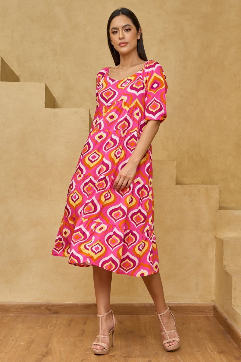 Pink Geometrical Printed Long Sleeve Midi Dress