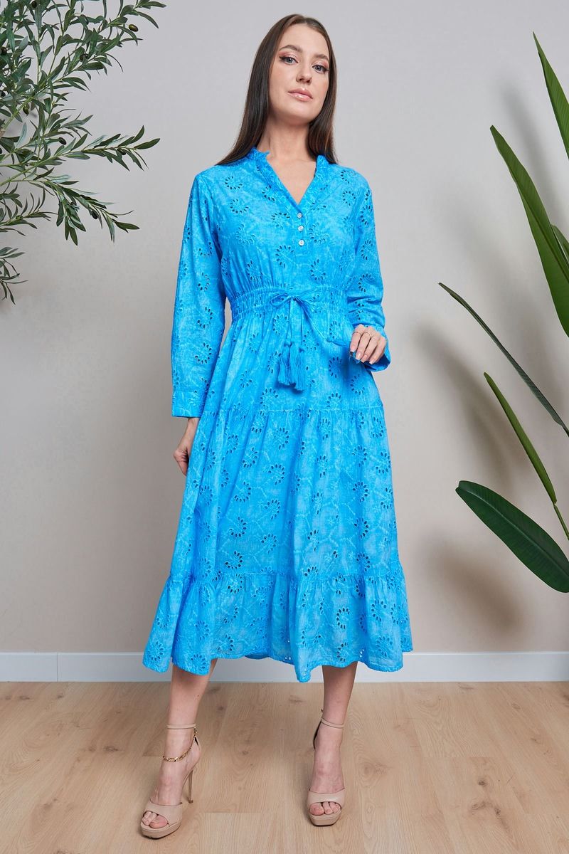 Blue Schiffli Tiered Dress with Inner