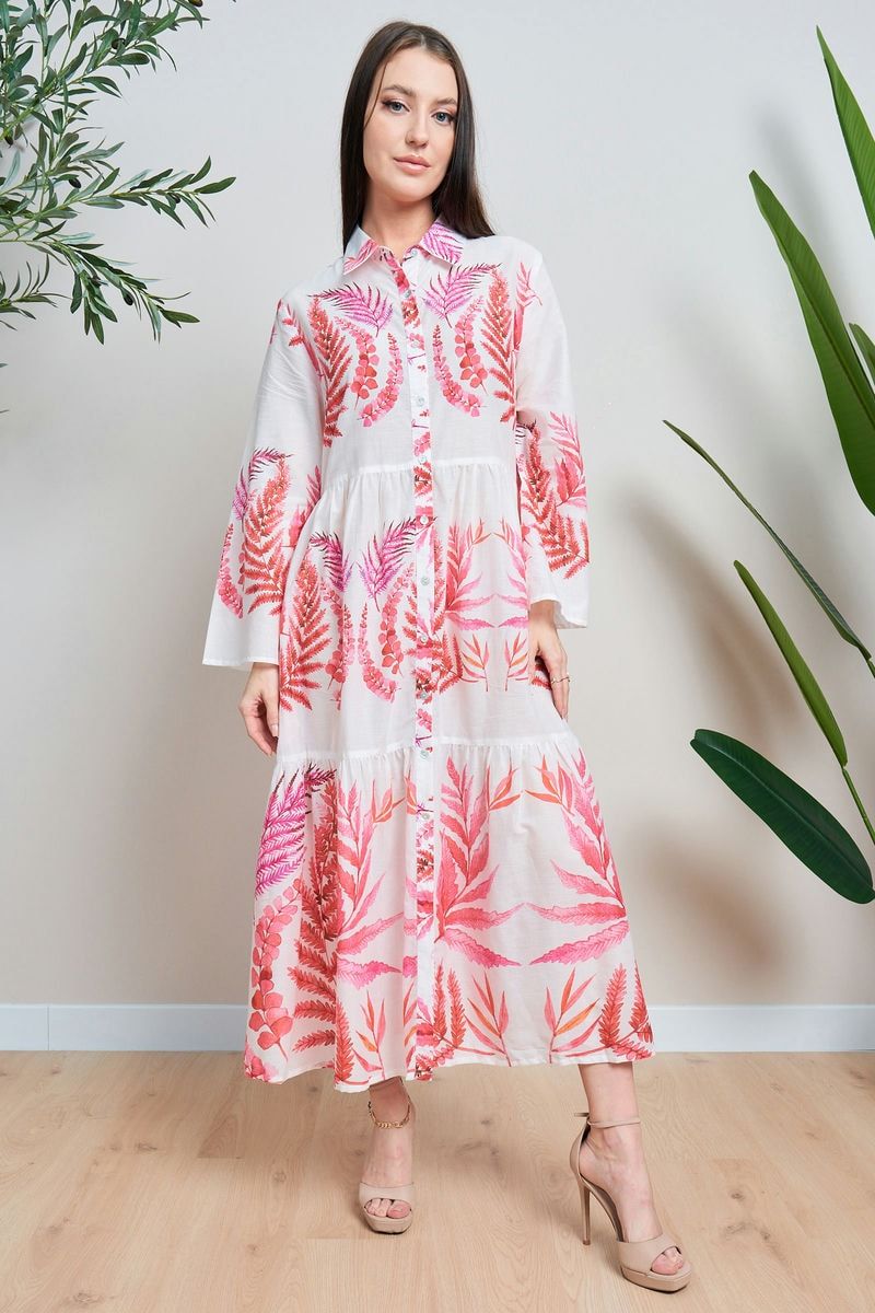 White Pink Printed Tiered Maxi Dress