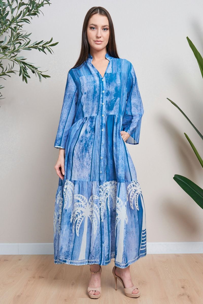 Blue White Ombre Printed Maxi Dress